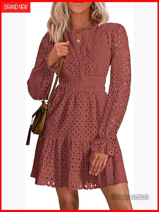 Dresses & Skirts - Long Sleeve Mini Dress V Neck A Line Ruffle Eyelet Casual Party